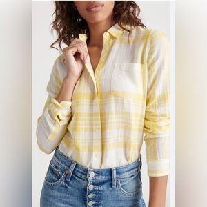 Lucky Brand Summer Yellow Light Weight Plaid Shirt Size M